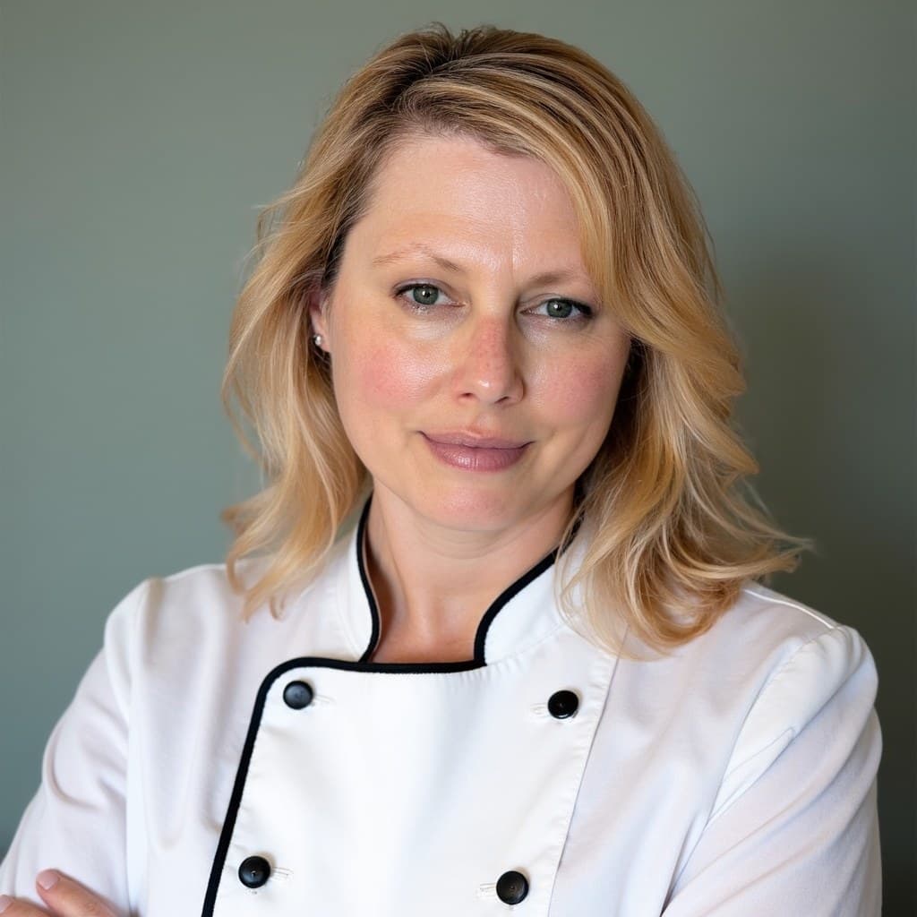 Krissy Roudabush, the baker behind Krissy’s Kake Art, in a white chef’s coat